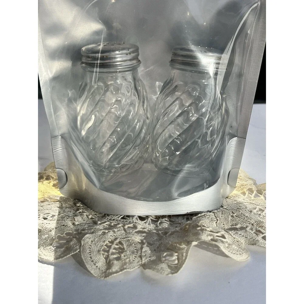 Vintage Clear Glass Swirl Design Silver Lid Aluminum Salt and Pepper Shakers